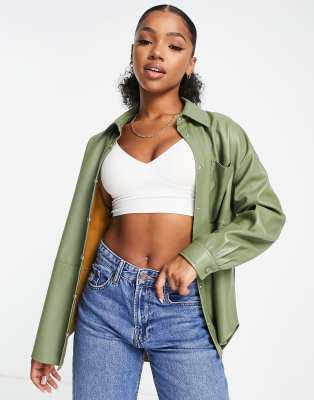 Stradivarius faux leather shirt in khaki  | ASOS