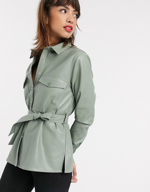 Stradivarius faux leather shirt with belt in sage green
