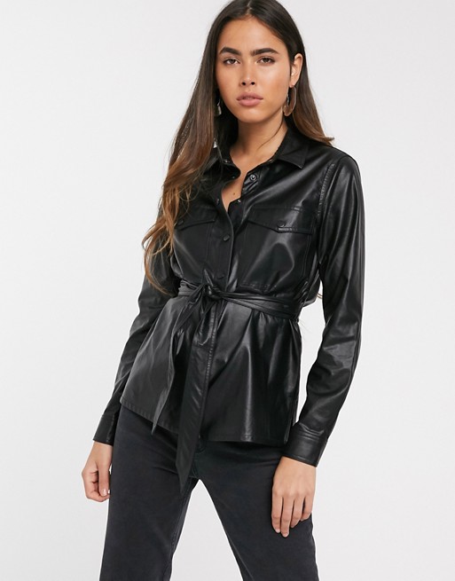 Stradivarius faux leather shirt with tie waist in black
