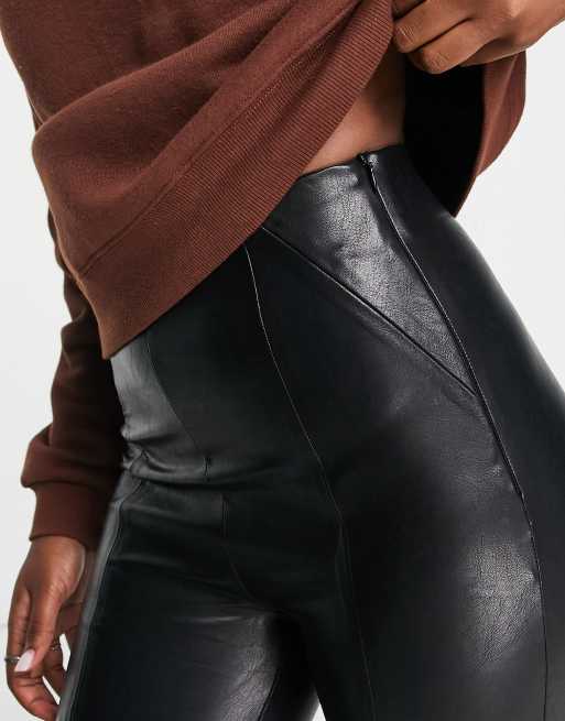 Stradivarius Petite Faux Leather Trousers With Split Front Detail In Black