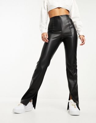 Stradivarius Petite Faux Leather Pants With Slit Front Detail In Black