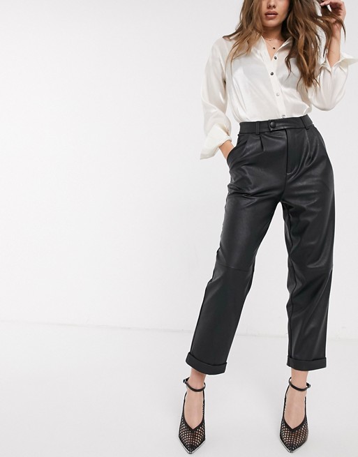 Stradivarius faux leather slouchy trouser in black