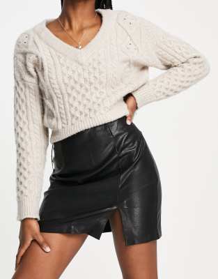 Stradivarius faux leather split detail mini skirt in black