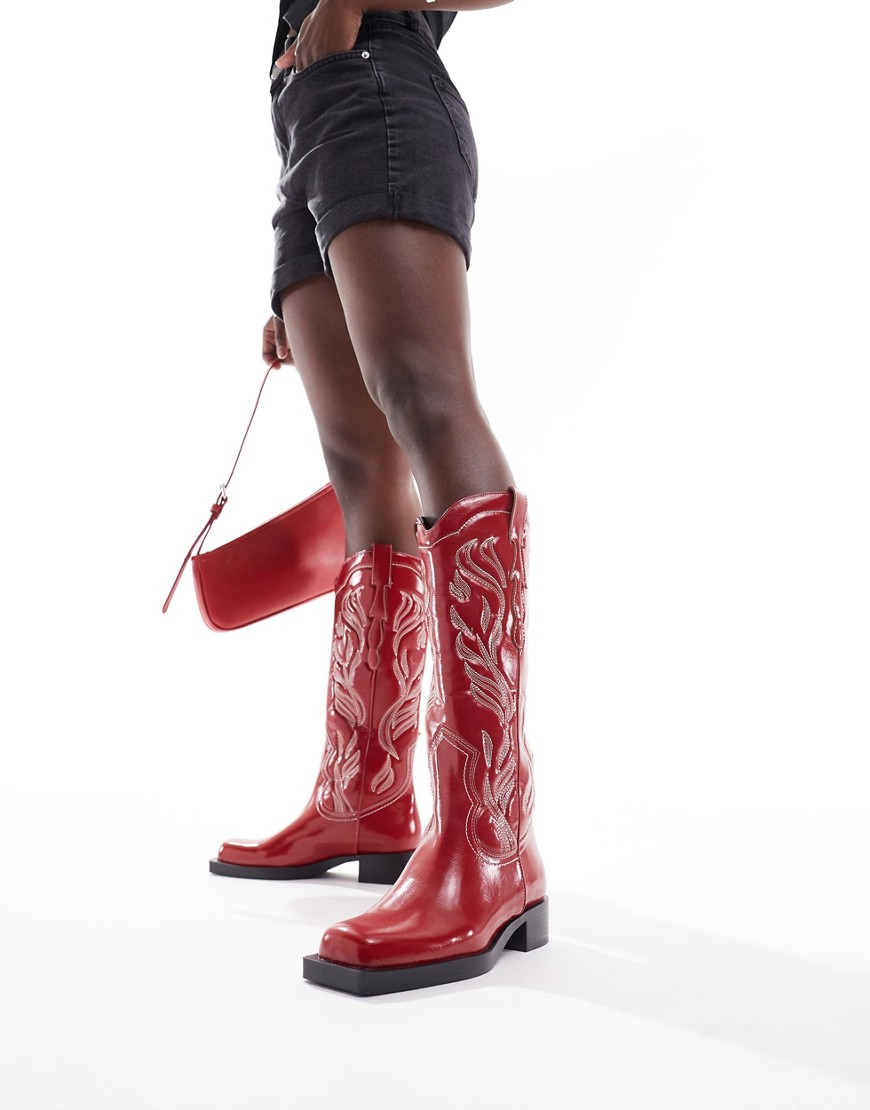 Stradivarius Faux Leather Square Toe Western Boots In Red