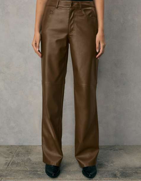 Stradivarius Faux leather straight fit trousers in brown - view 1