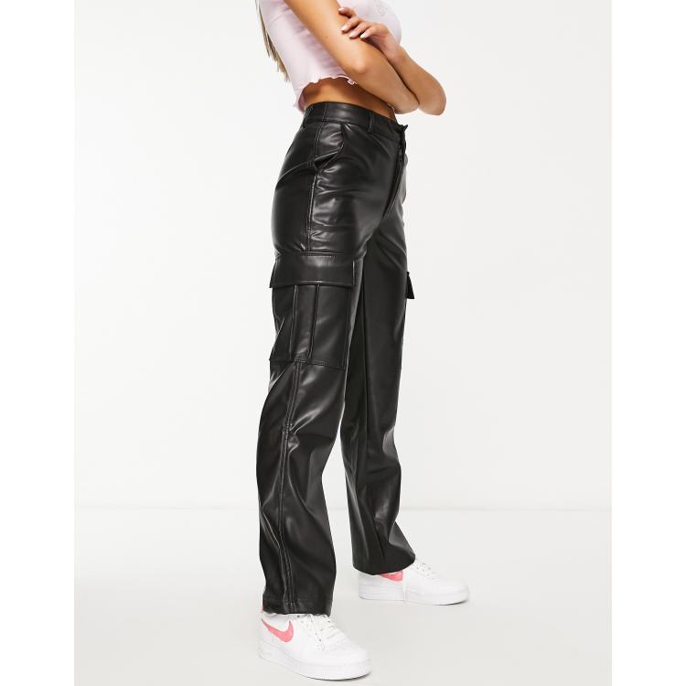 Stradivarius faux leather straight leg cargo trouser in black