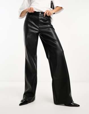 Stradivarius faux leather straight trouser in black  - view 1