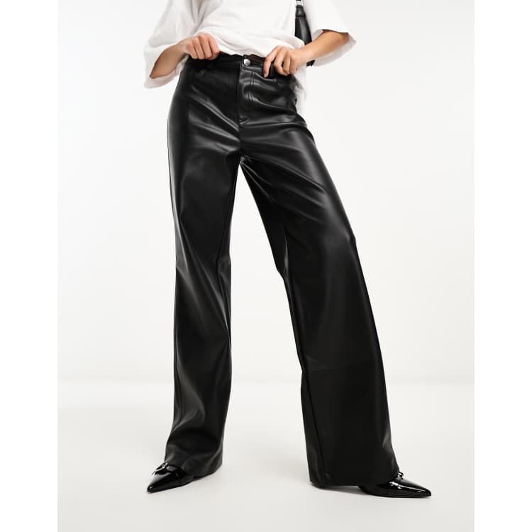 Stradivarius faux leather straight trouser in black