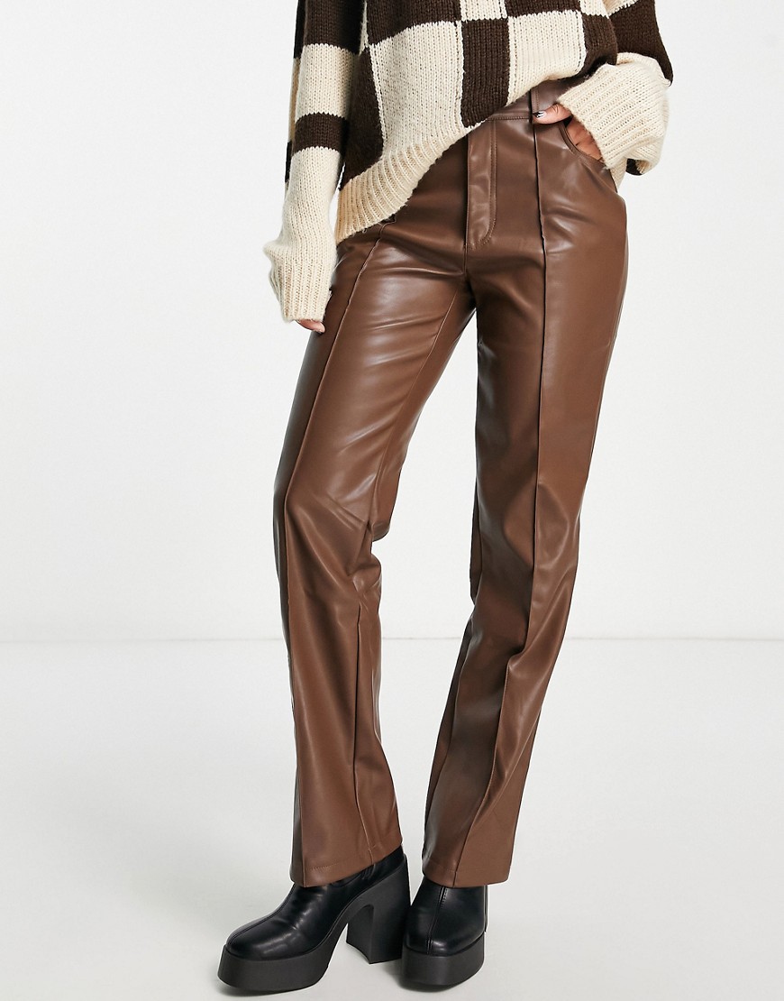 Stradivarius faux leather straight trousers in brown
