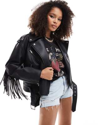 faux leather tassle detail biker jacket in black