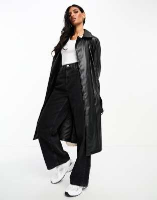 Topshop Petite Faux Leather Shearling Zip Front Oversized Aviator Jacket  With Double Collar Detail In Black