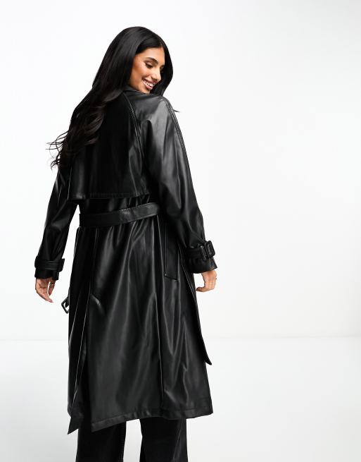 Black faux leather clearance trench