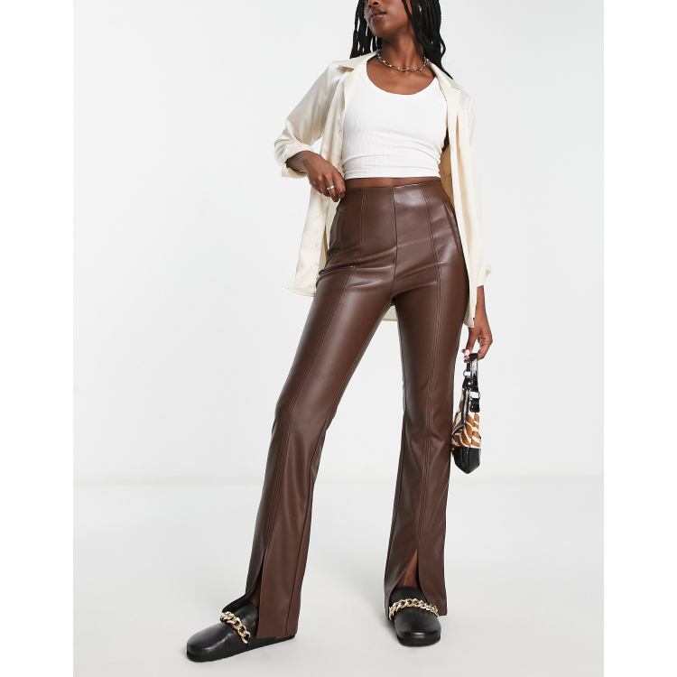 Stradivarius faux leather trousers with split front detail in brown