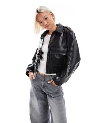 Stradivarius faux leather trucker jacket in black