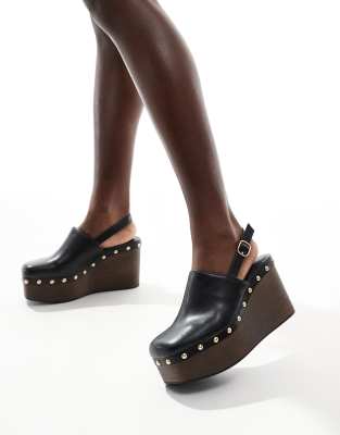 Stradivarius Faux Leather Wedge With Studs In Black