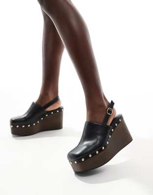 Stradivarius Stradivarius faux leather wedge with studs in black