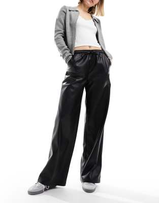 Stradivarius faux leather wide leg jogger in black