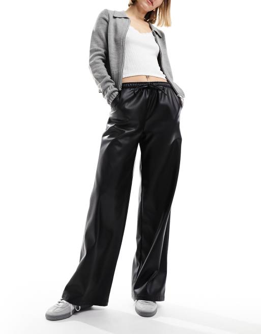 Stradivarius croc faux leather straight leg trouser in black