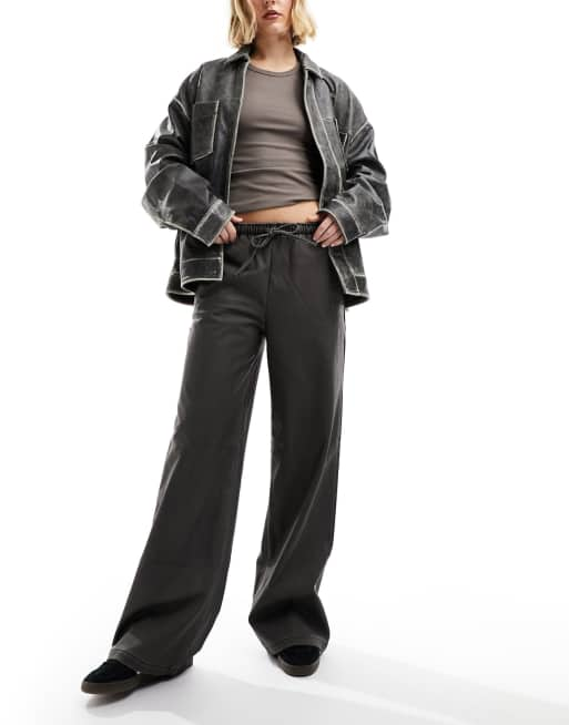 Stradivarius faux leather wide leg jogger in washed PU