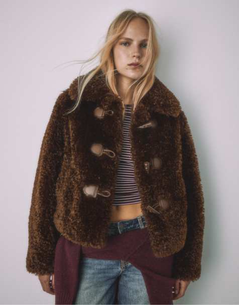 Stradivarius Faux shearling toggle jacket in brown - view 1