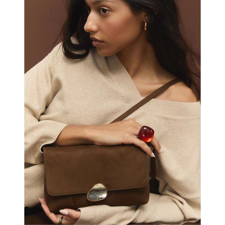 Stradivarius Faux suede bag with asymmetric metal clasp in brown
