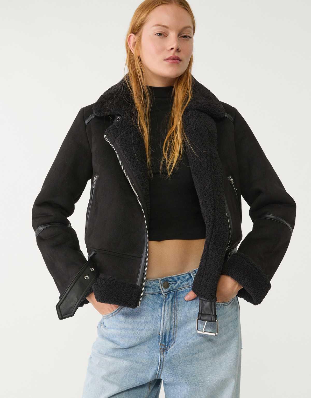 Stradivarius faux suede biker jacket in black