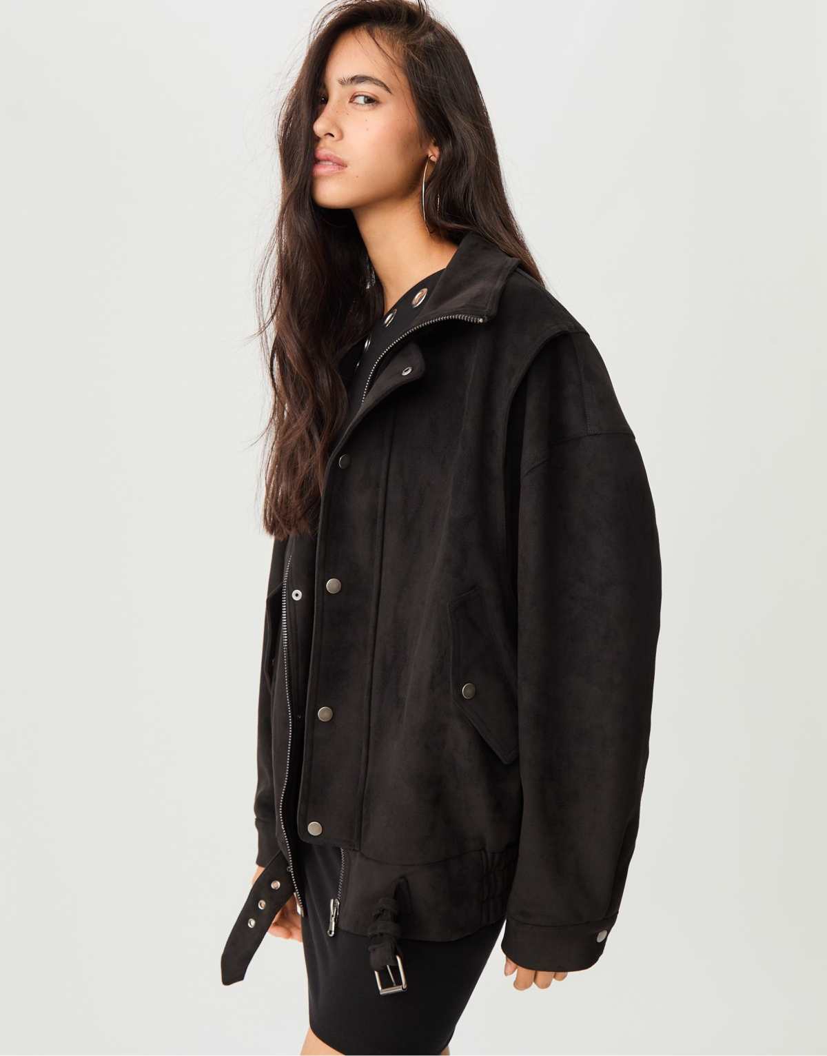 Stradivarius Faux suede biker jacket in black