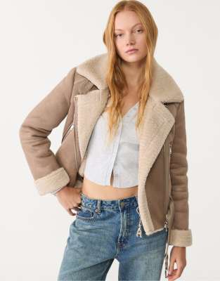 Stradivarius Faux Suede Biker Jacket In Brown