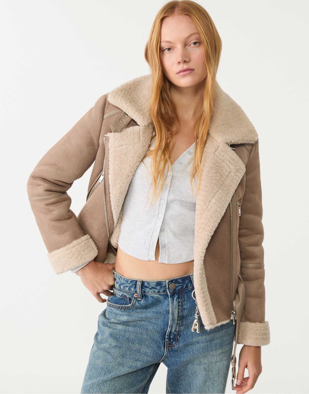Stradivarius Faux suede biker jacket in brown