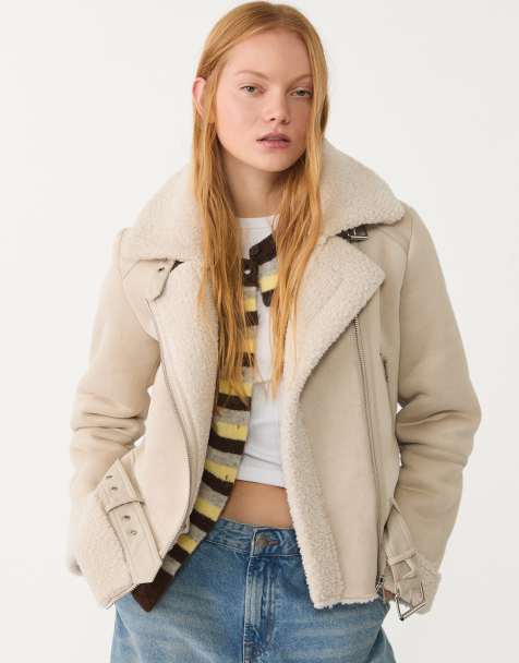 Stradivarius faux suede biker jacket in ecru