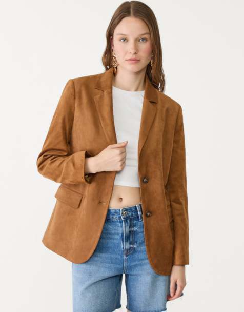 Stradivarius faux suede blazer in tan - view 1