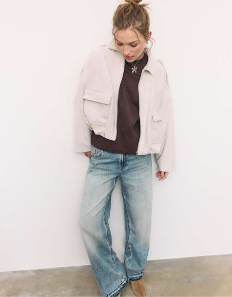 Stradivarius Faux suede bomber jacket in ecru - view 1