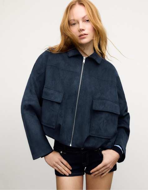 Stradivarius Faux suede bomber jacket in navy blue - view 1