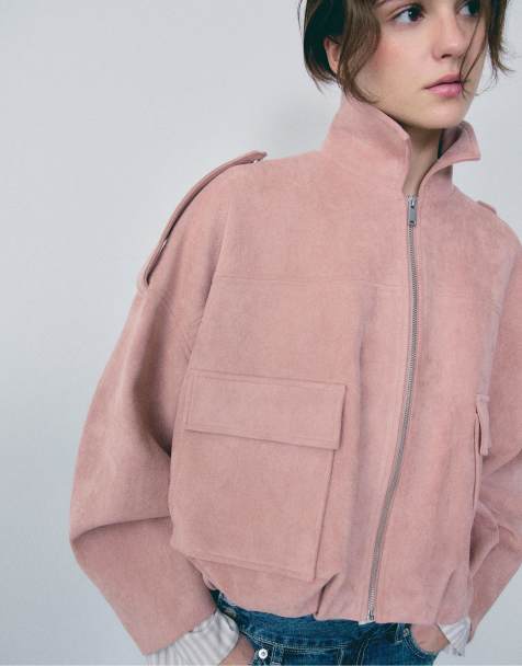 Stradivarius Faux suede bomber jacket in pastel pink - view 1
