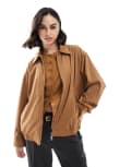 [Stradivarius] Stradivarius faux suede bomber jacket in tan-Brown M BROWN