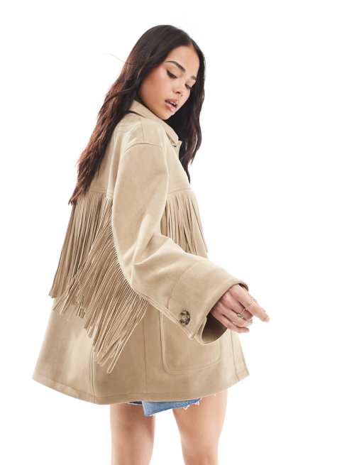 Stradivarius faux suede fringe detail jacket in brown