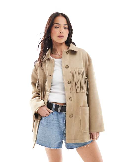 Stradivarius faux suede fringe detail jacket in brown