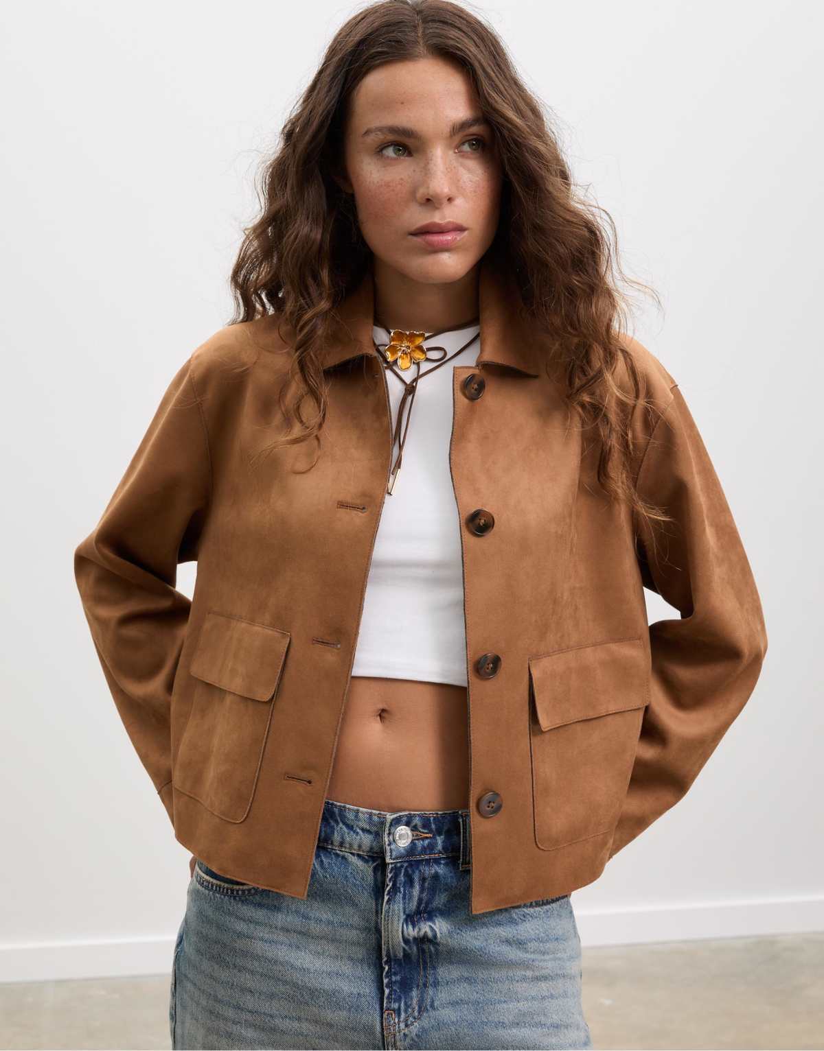 Stradivarius Faux suede jacket with pockets in pale camel