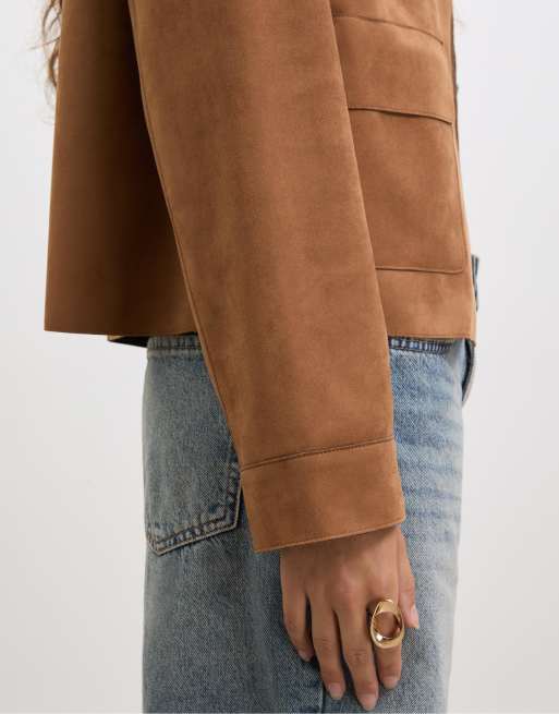 Stradivarius Faux suede jacket with pockets in pale camel