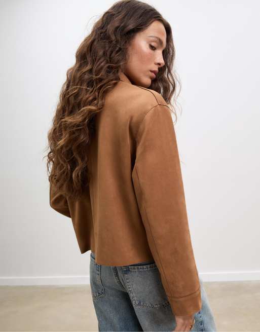 Stradivarius Faux suede jacket with pockets in pale camel
