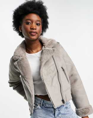 Stradivarius faux suede short aviator jacket in grey