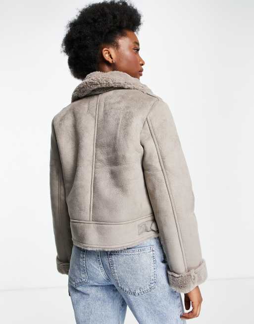 Stradivarius faux suede short aviator jacket in grey ASOS