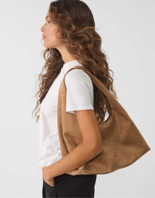 Stradivarius faux suede shoulder bag in beige