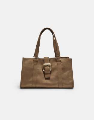  Faux suede tote bag with buckle in beige