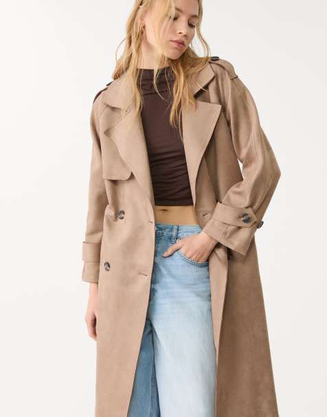 Stradivarius faux suede trench coat in caramel - view 1
