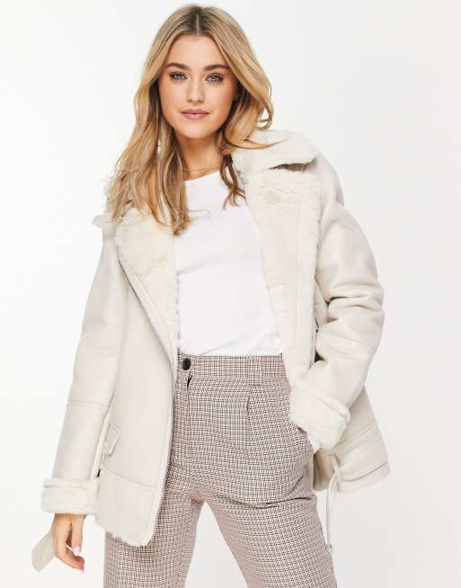 Stradivarius faux=leather aviator coat in ecru