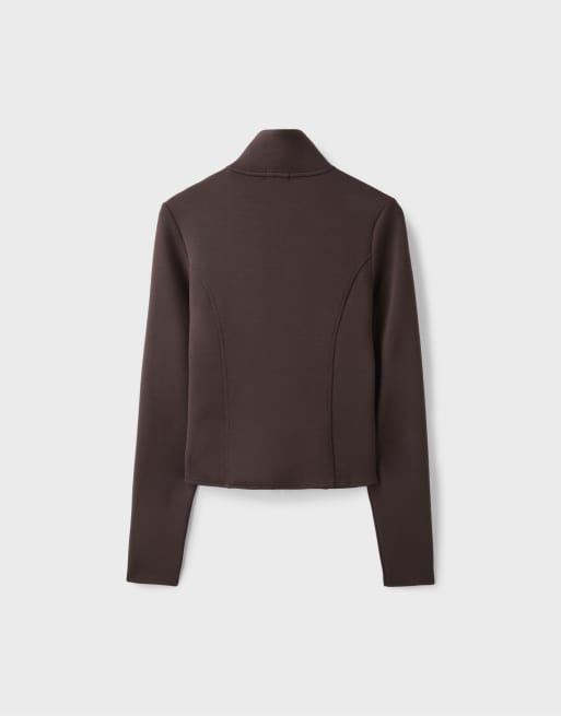 Stradivarius felpa aderente con zip marrone, 7 di 7