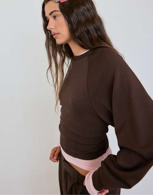 Stradivarius felpa aderente in vita soft-touch marrone, 3 di 7