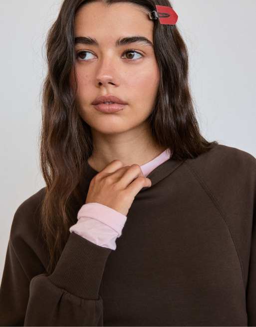 Stradivarius felpa aderente in vita soft-touch marrone, 4 di 7