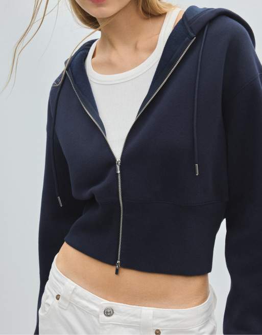 Stradivarius felpa con cappuccio con zip blu navy, 4 di 7